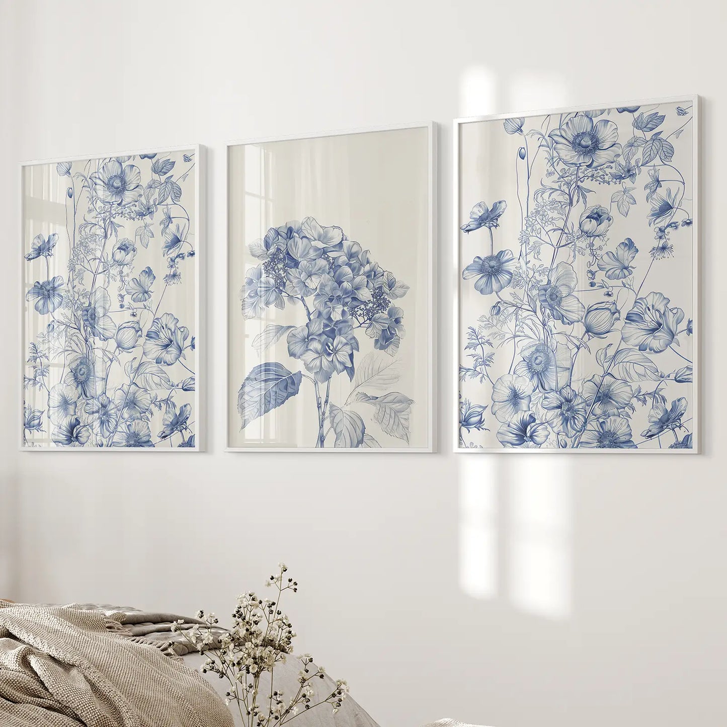 Chinoiserie Blue Flowers Watercolor Wall Art Set of 3