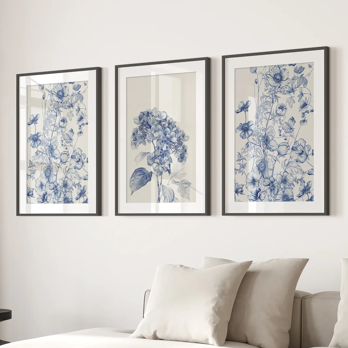 Chinoiserie Blue Flowers Watercolor Wall Art Set of 3