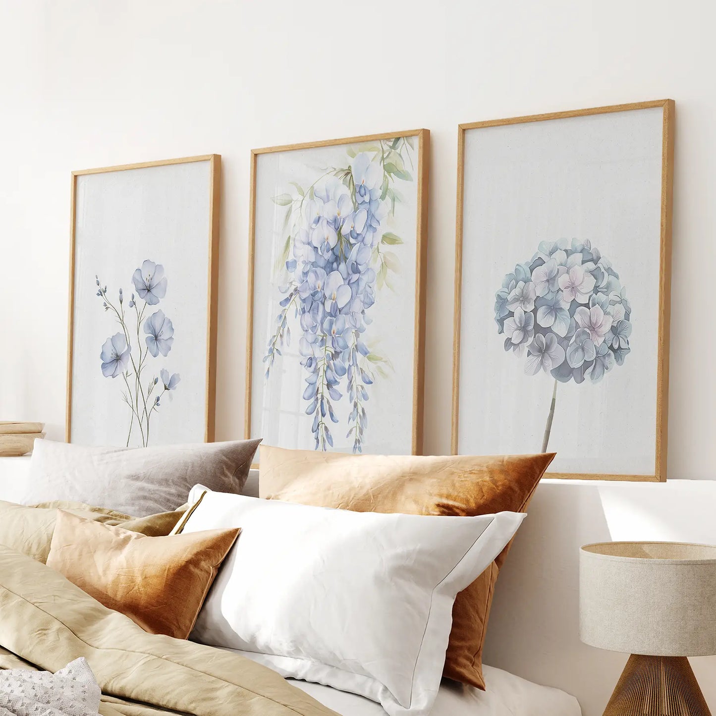 Blue Watercolor Flowers Wall Art Set of 3 Prints