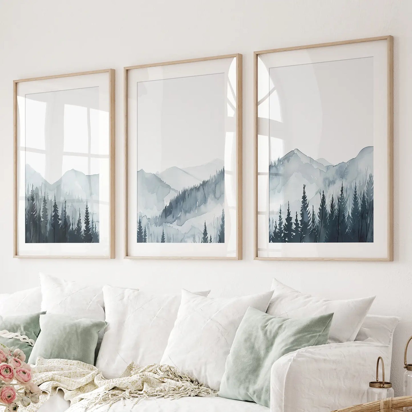 Watercolor Mountain Forest Wall Art Set of 3