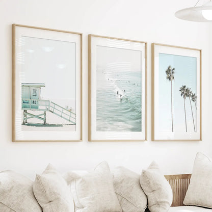 California Coastal Wall Art Set of 3. Lifeguard, Surfers