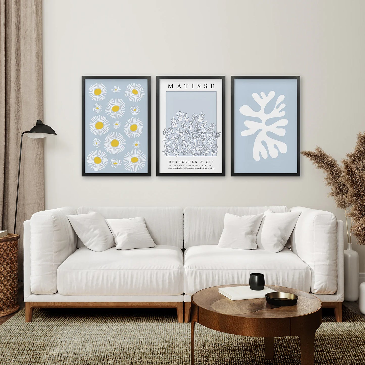 Blue Abstract Wall Art Set of 3, Leaf and Cut-Out Prints