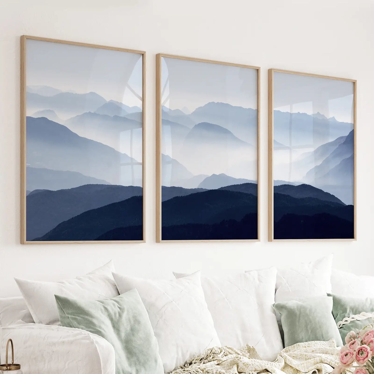 Set of 3 blue misty mountain landscape prints