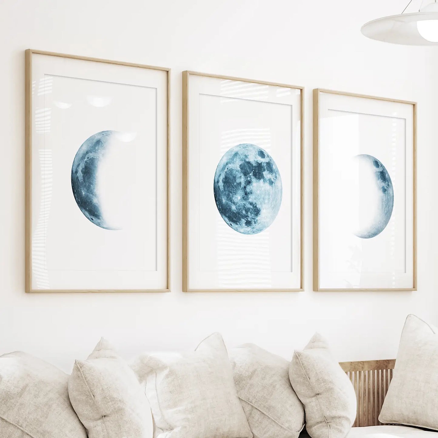 Lunar Moon Phases Wall Art, Blue Nursery 3 Piece Set