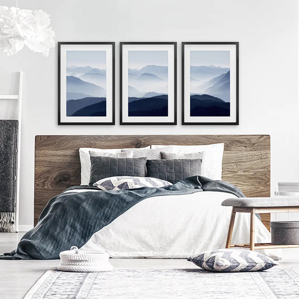 Blue Misty Mountain Wall Art Set of 3 Prints