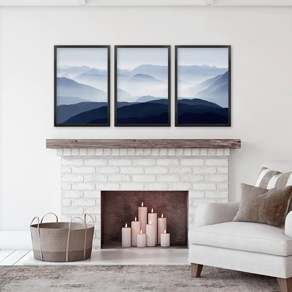 Blue Misty Mountain Wall Art Set of 3 Prints