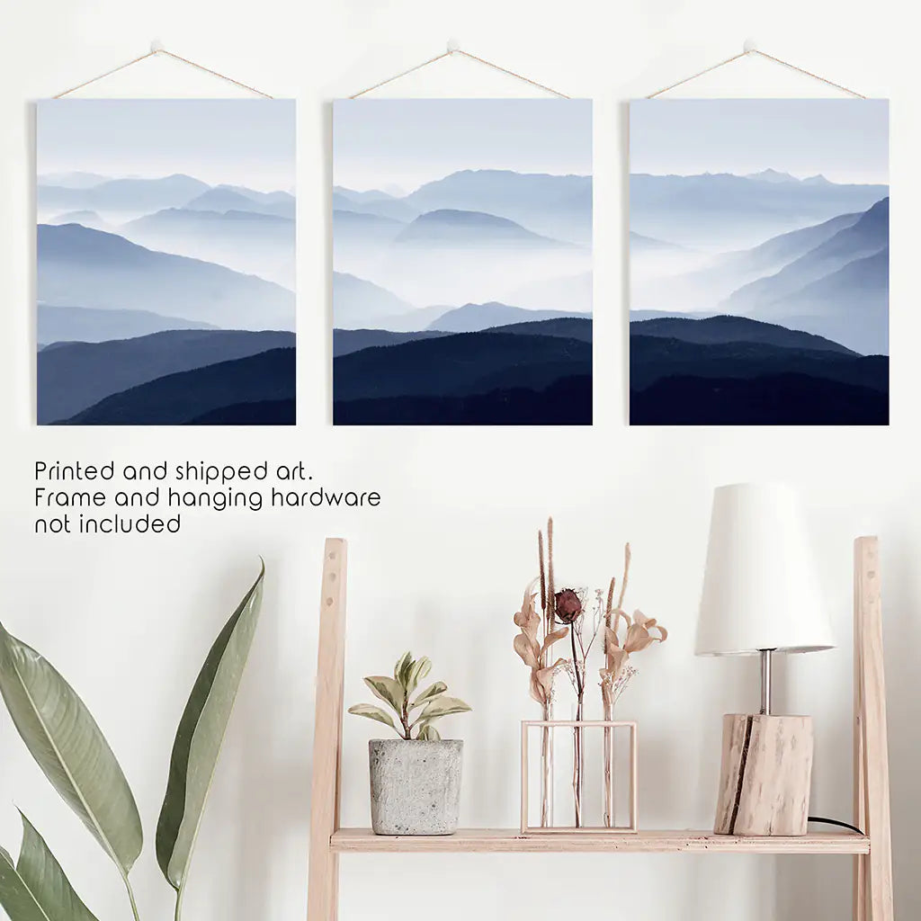 Blue Misty Mountain Wall Art Set of 3 Prints