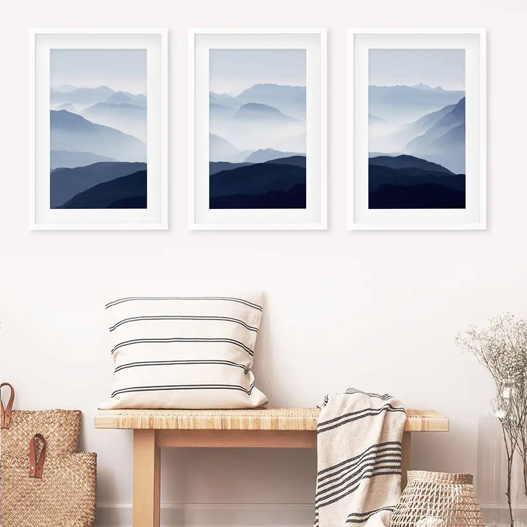 Blue Misty Mountain Wall Art Set of 3 Prints