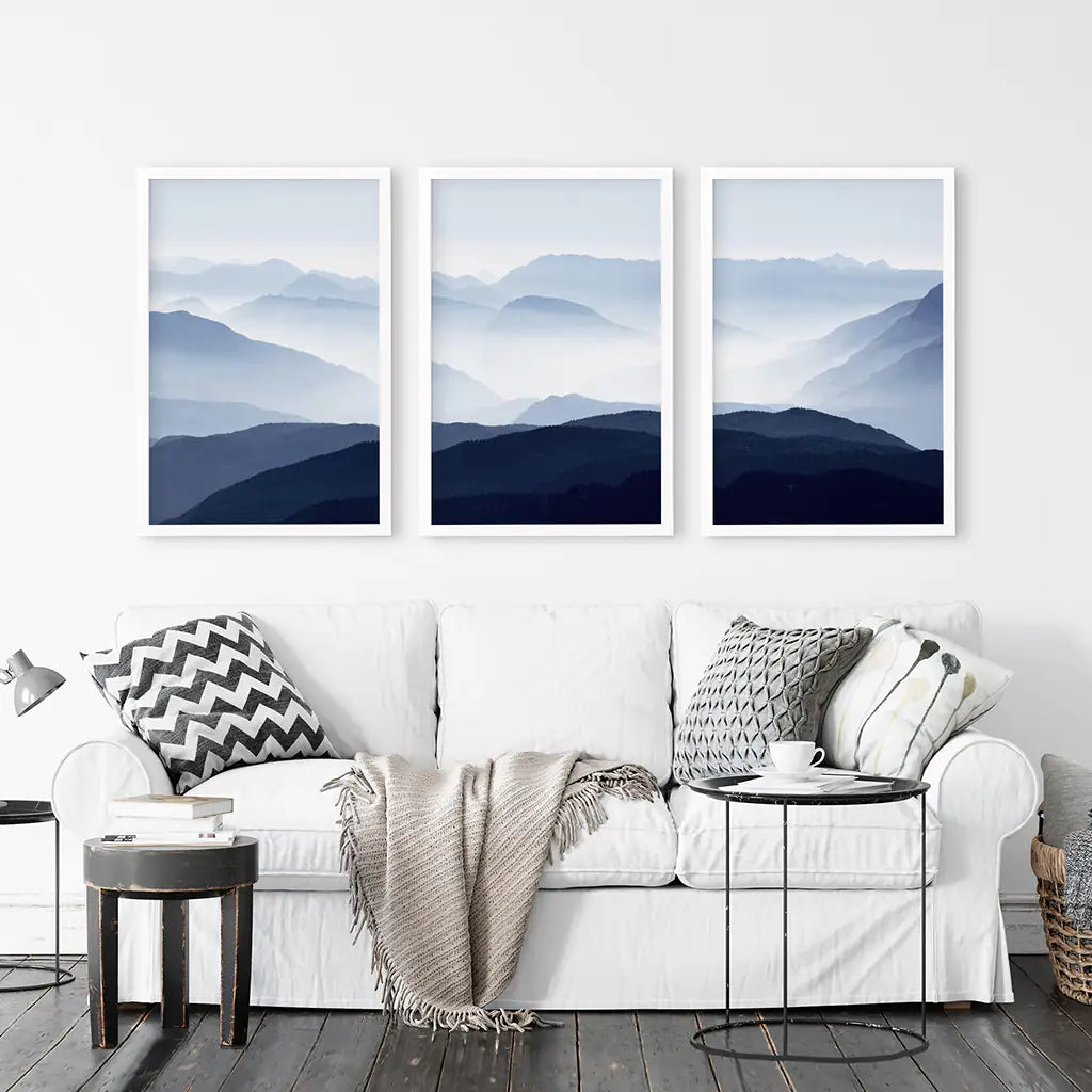 Blue Misty Mountain Wall Art Set of 3 Prints