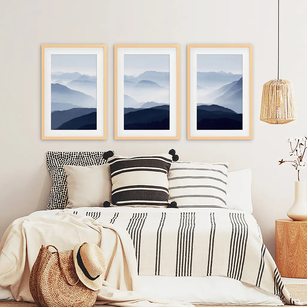 Blue Misty Mountain Wall Art Set of 3 Prints