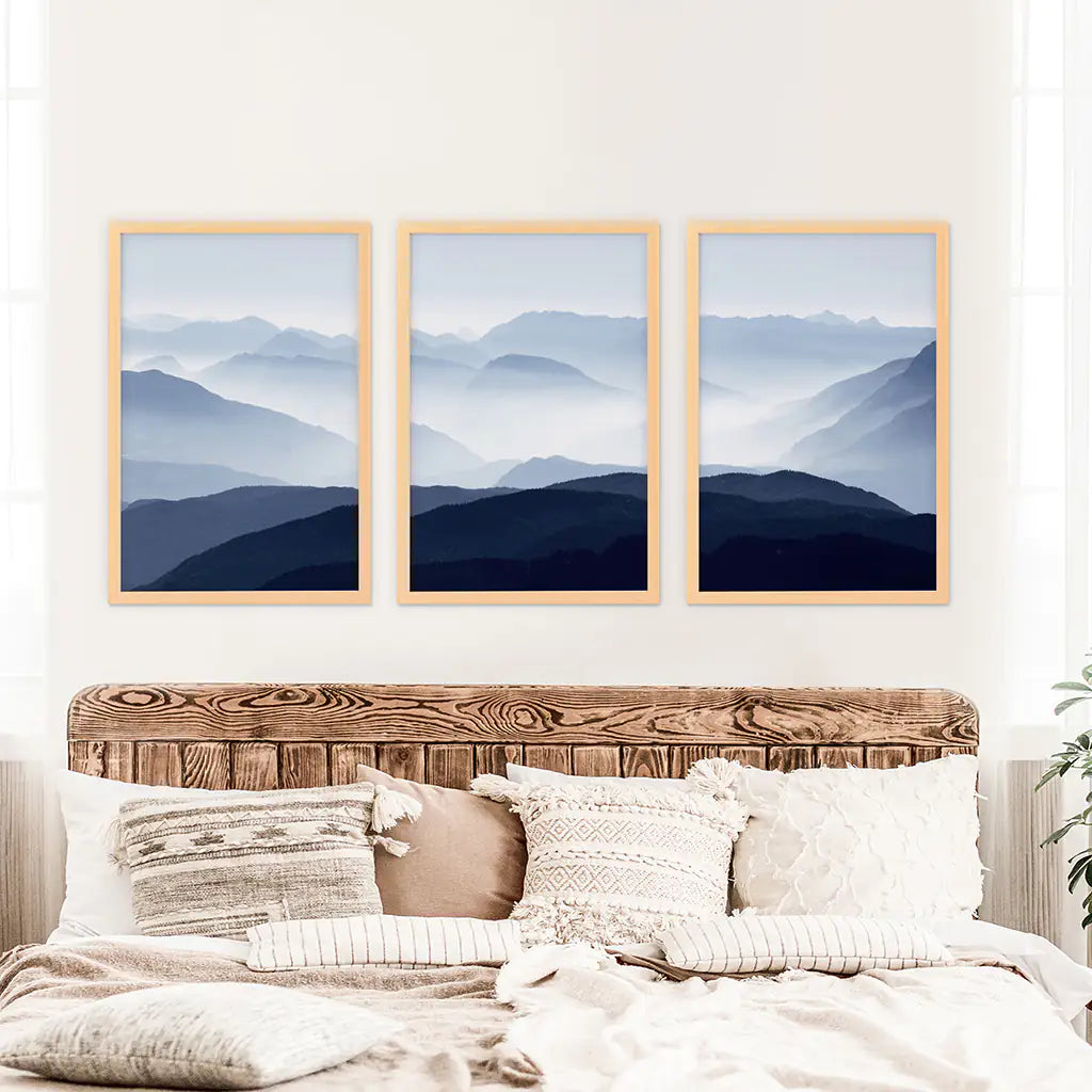 Blue Misty Mountain Wall Art Set of 3 Prints