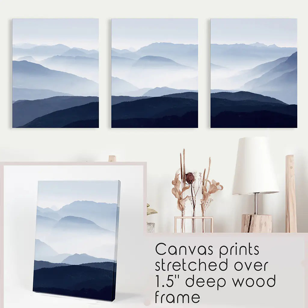 Blue Misty Mountain Wall Art Set of 3 Prints