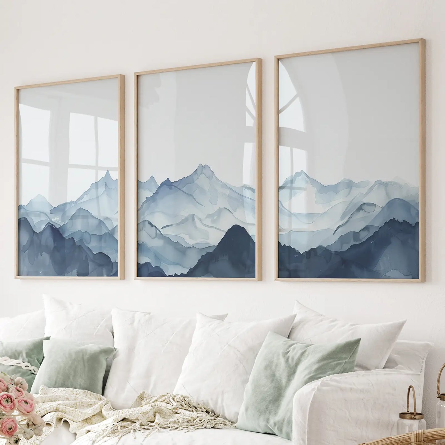 Blue Watercolor Mountain Wall Art Set of 3 Prints