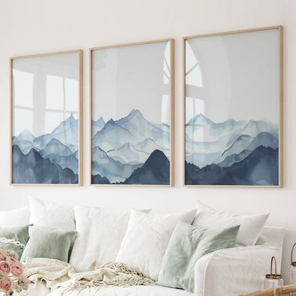 Blue Watercolor Mountain Wall Art Set of 3 Prints