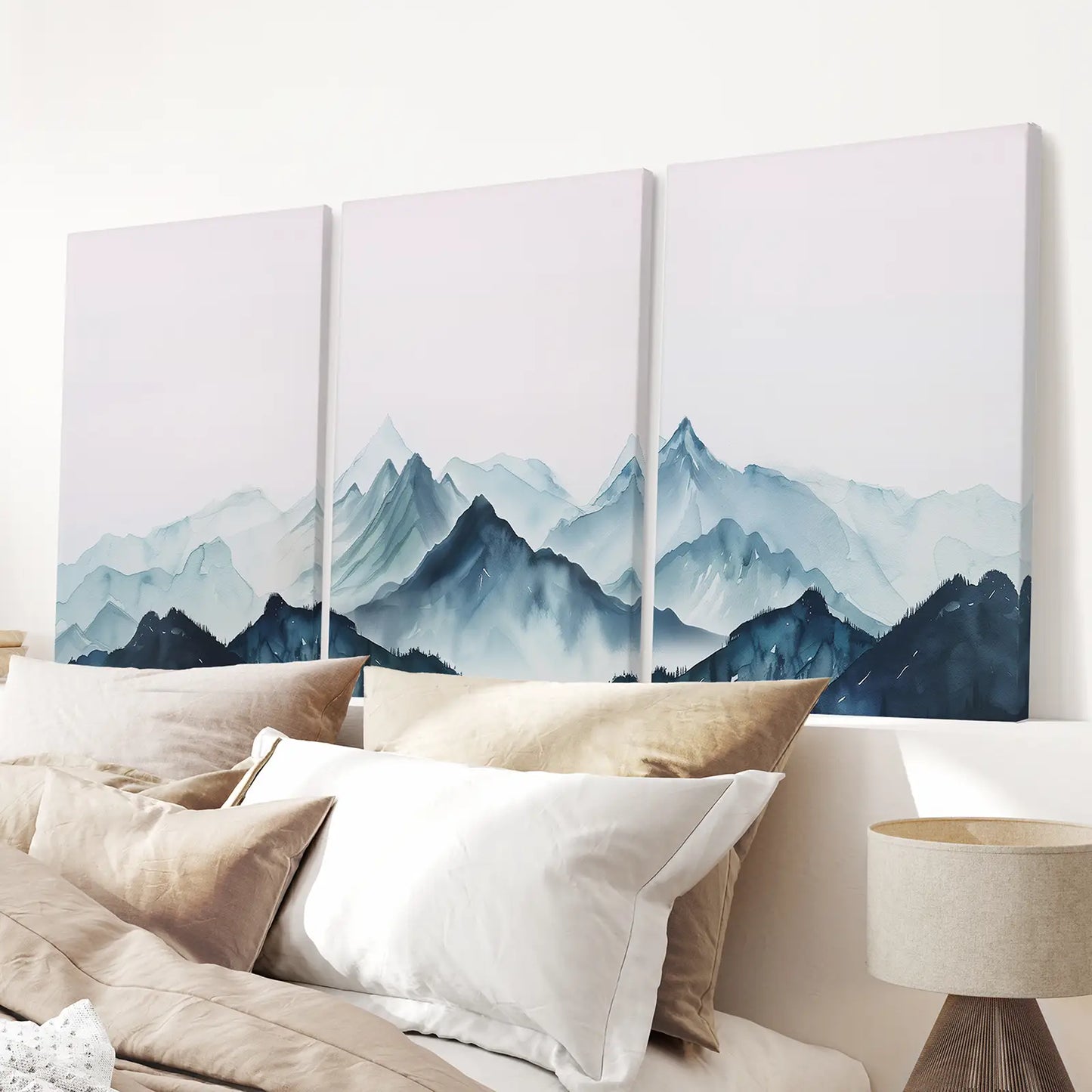 Modern Blue Mountain Landscape Wall Art Set of 3