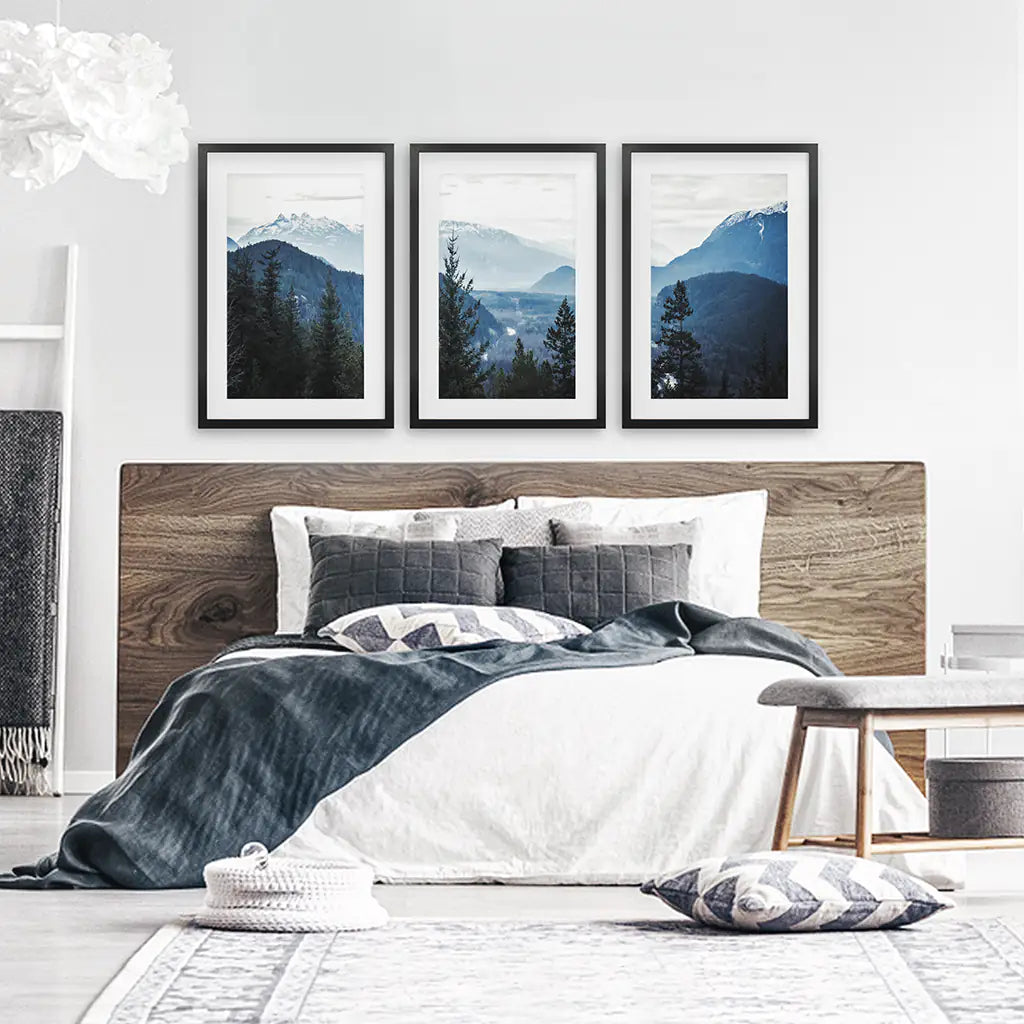 Navy Blue Mountain Forest Wall Art, Nordic 3 Piece Set
