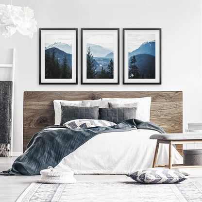 Navy Blue Mountain Forest Wall Art, Nordic 3 Piece Set