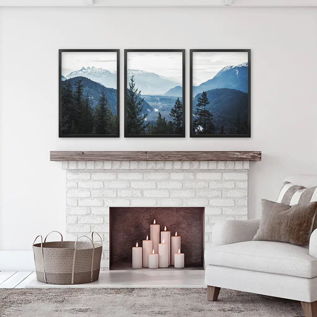Navy Blue Mountain Forest Wall Art, Nordic 3 Piece Set