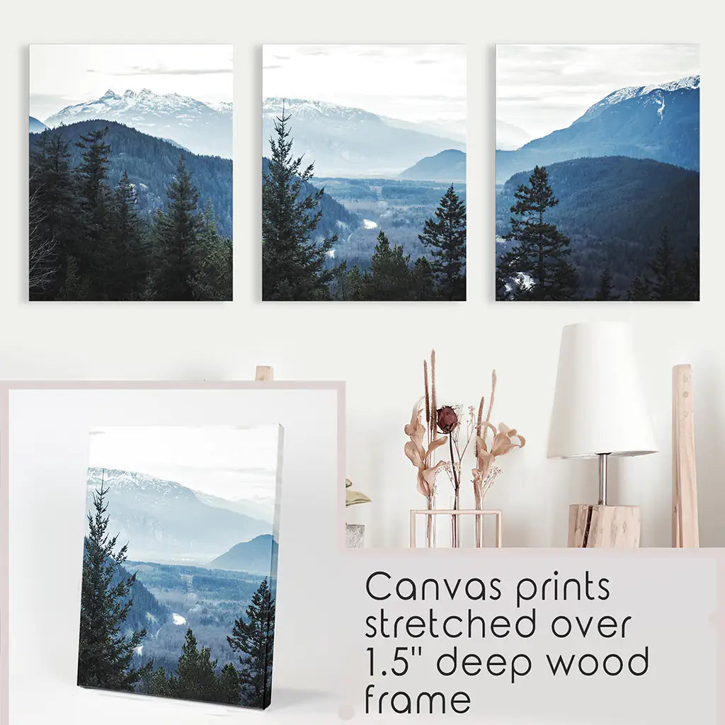 Navy Blue Mountain Forest Wall Art, Nordic 3 Piece Set