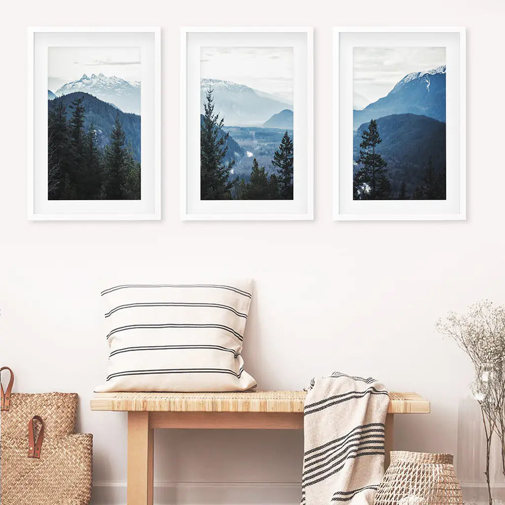 Navy Blue Mountain Forest Wall Art, Nordic 3 Piece Set