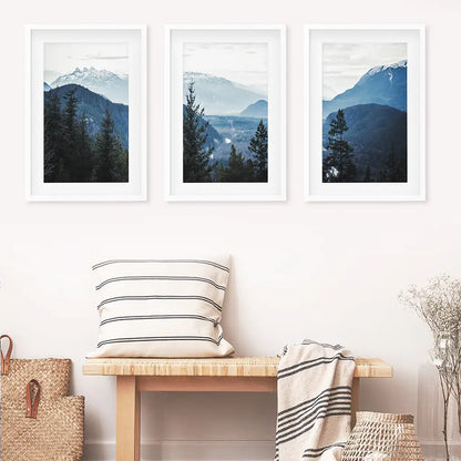 Navy Blue Mountain Forest Wall Art, Nordic 3 Piece Set
