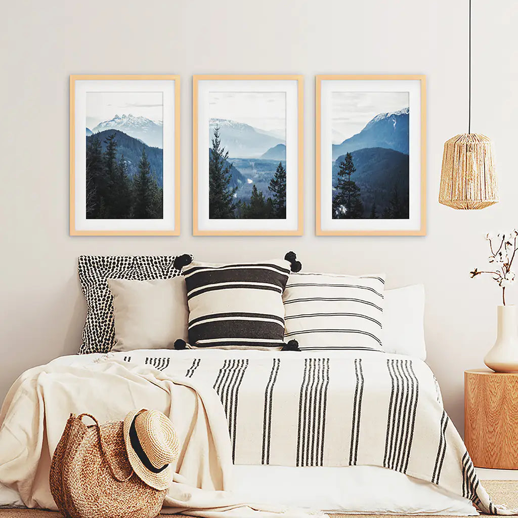 Navy Blue Mountain Forest Wall Art, Nordic 3 Piece Set