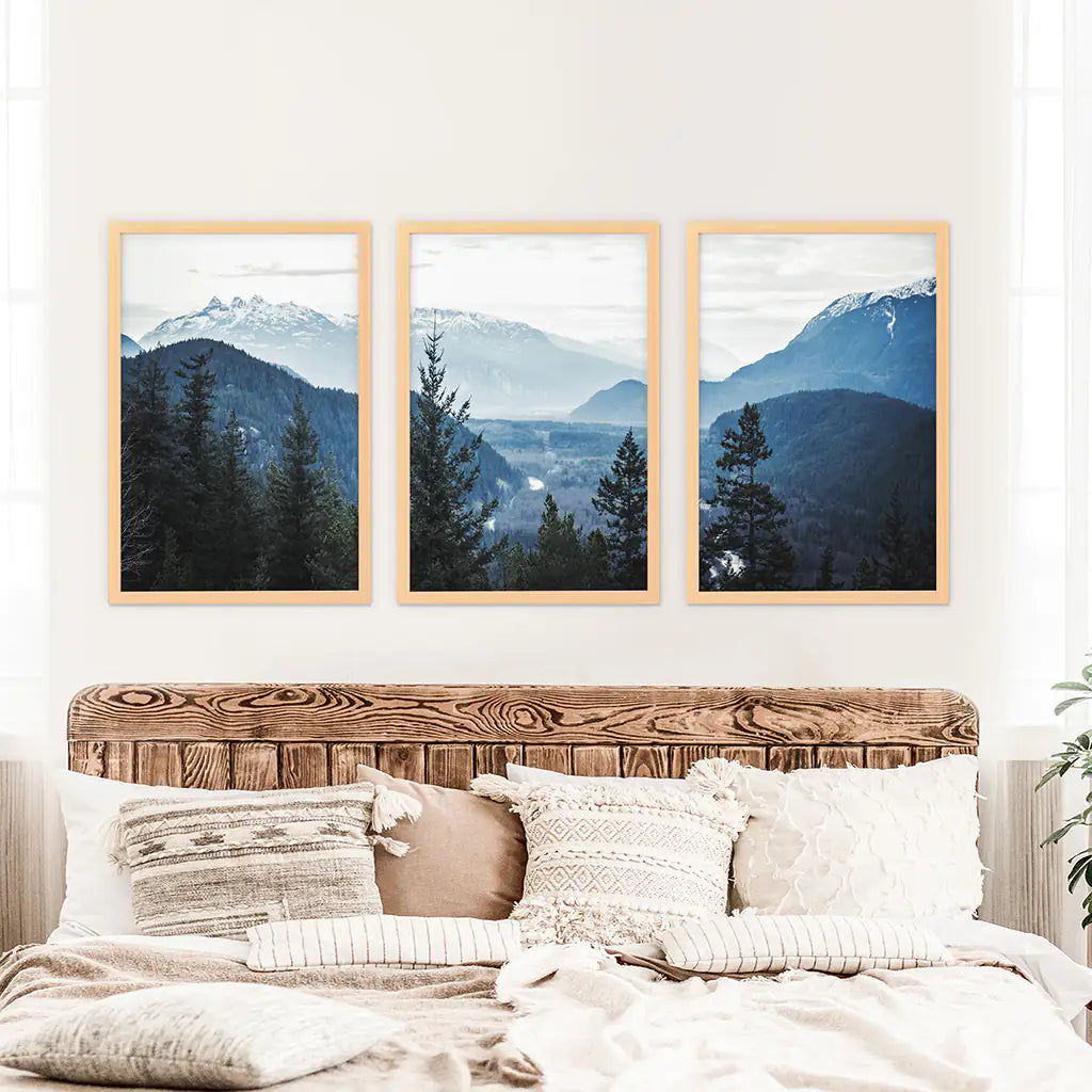 Navy Blue Mountain Forest Wall Art, Nordic 3 Piece Set