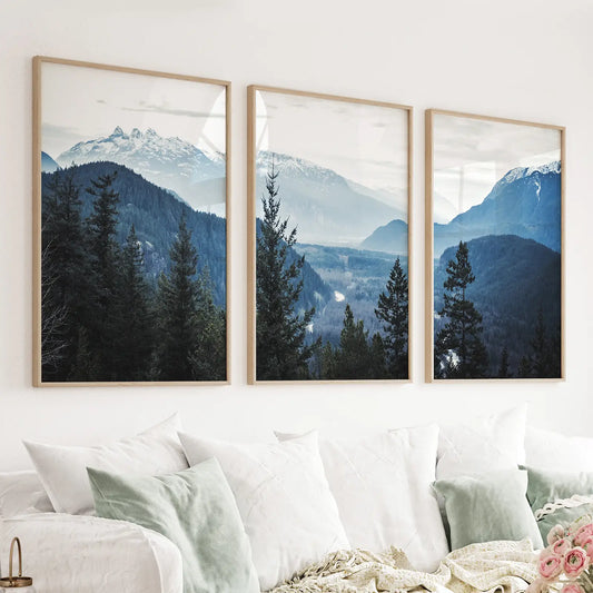 Navy blue mountain forest Nordic triptych 3 piece wall art set