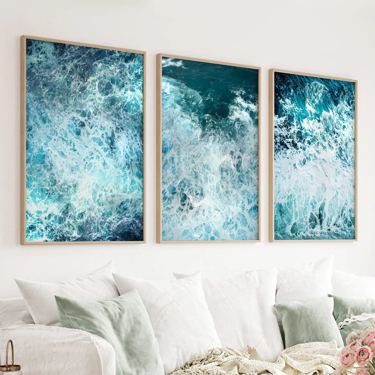 Minimalist ocean waves three piece canvas wall art set in blue and white