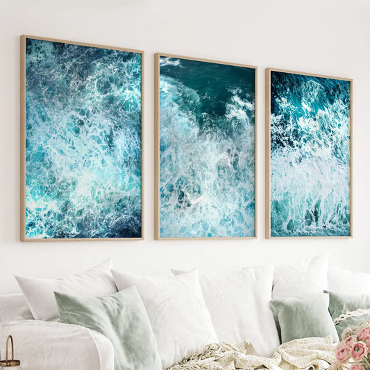 Minimalist ocean waves three piece canvas wall art set in blue and white