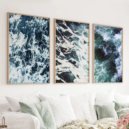 Blue green ocean waves wall art set of 3 in fresh coastal tones