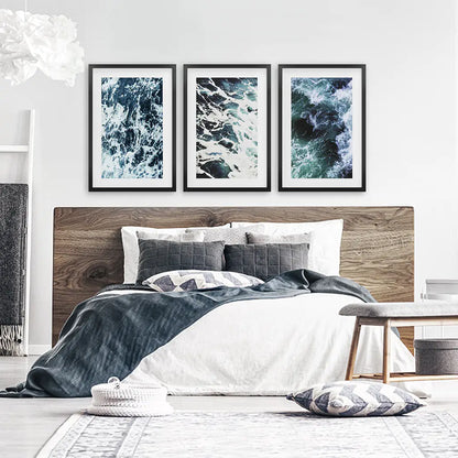 Blue Green Ocean Waves Wall Art Set, 3 Piece Coastal Decor