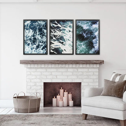 Blue Green Ocean Waves Wall Art Set, 3 Piece Coastal Decor