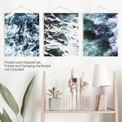 Blue Green Ocean Waves Wall Art Set, 3 Piece Coastal Decor