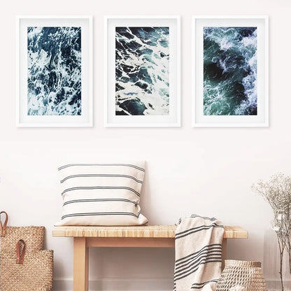 Blue Green Ocean Waves Wall Art Set, 3 Piece Coastal Decor