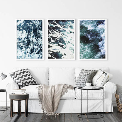 Blue Green Ocean Waves Wall Art Set, 3 Piece Coastal Decor