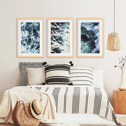 Blue Green Ocean Waves Wall Art Set, 3 Piece Coastal Decor