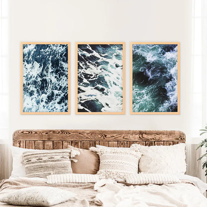 Blue Green Ocean Waves Wall Art Set, 3 Piece Coastal Decor
