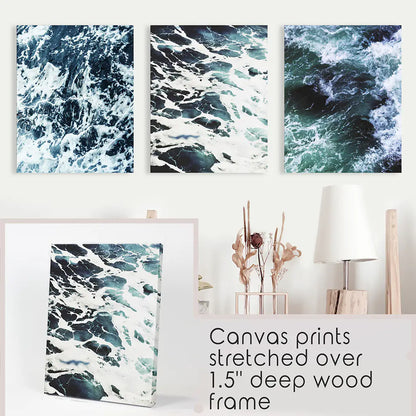 Blue Green Ocean Waves Wall Art Set, 3 Piece Coastal Decor