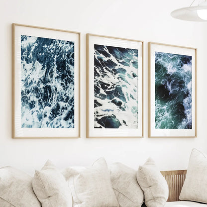 Blue Green Ocean Waves Wall Art Set, 3 Piece Coastal Decor