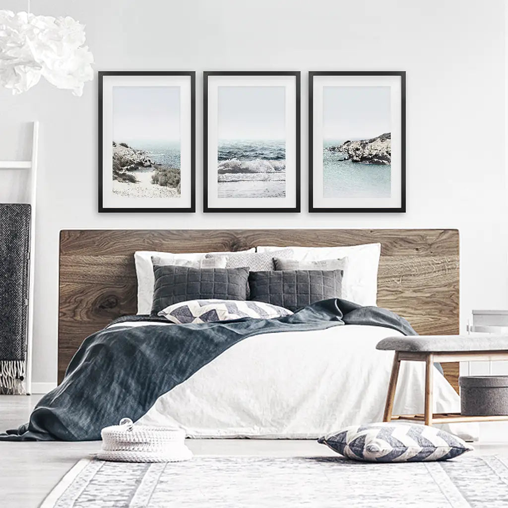 Blue Seascape Wall Art Set of 3. Ocean Waves, Rocky Beach