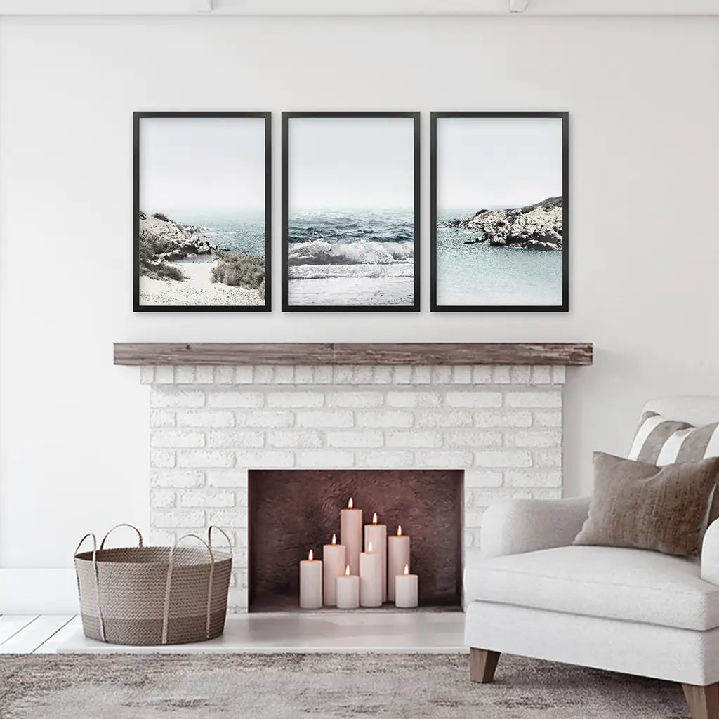 Blue Seascape Wall Art Set of 3. Ocean Waves, Rocky Beach