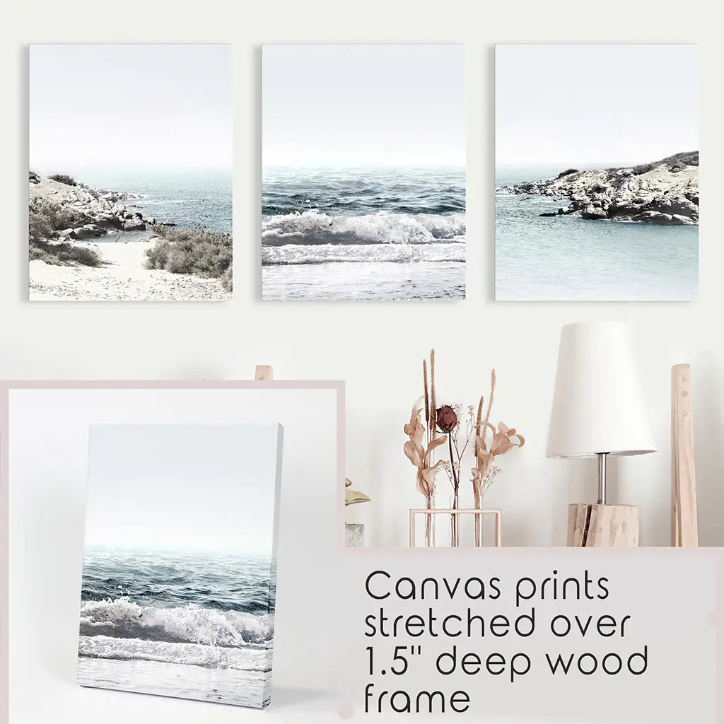 Blue Seascape Wall Art Set of 3. Ocean Waves, Rocky Beach