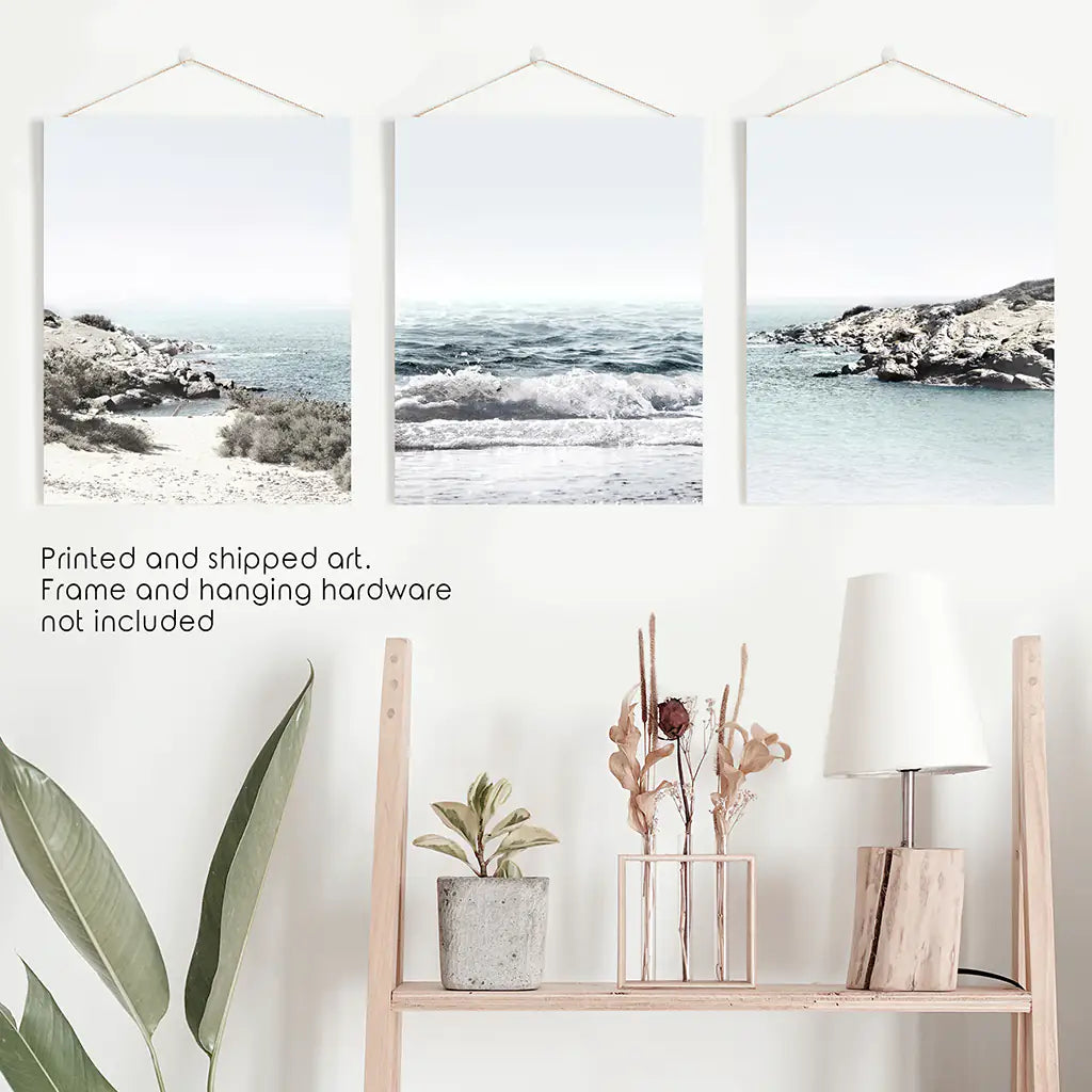 Blue Seascape Wall Art Set of 3. Ocean Waves, Rocky Beach