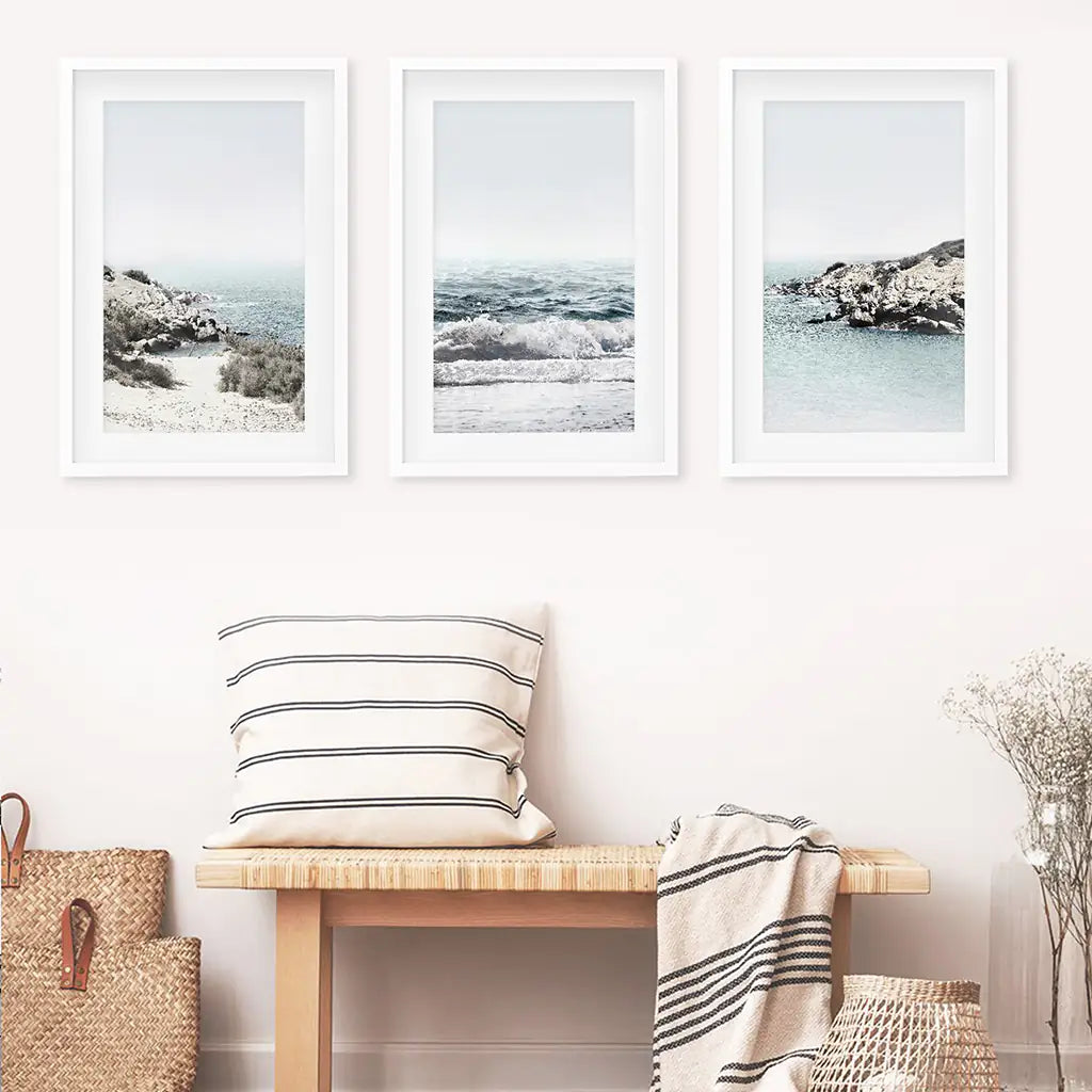 Blue Seascape Wall Art Set of 3. Ocean Waves, Rocky Beach