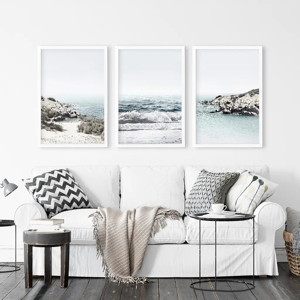 Blue Seascape Wall Art Set of 3. Ocean Waves, Rocky Beach