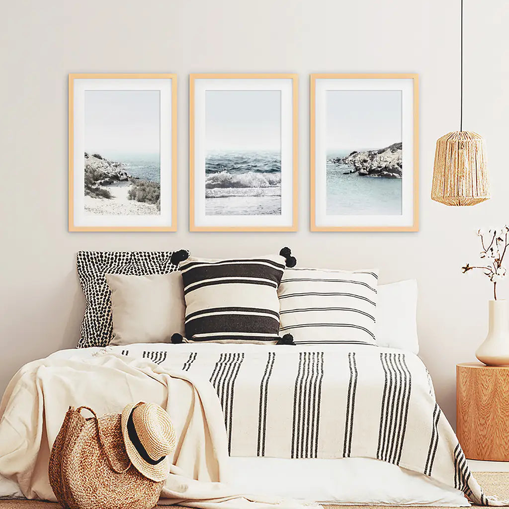 Blue Seascape Wall Art Set of 3. Ocean Waves, Rocky Beach