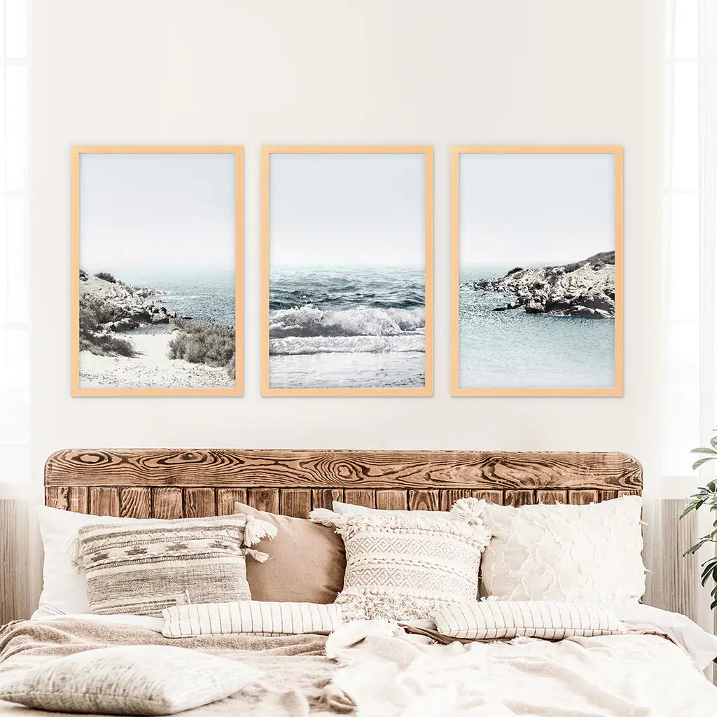 Blue Seascape Wall Art Set of 3. Ocean Waves, Rocky Beach