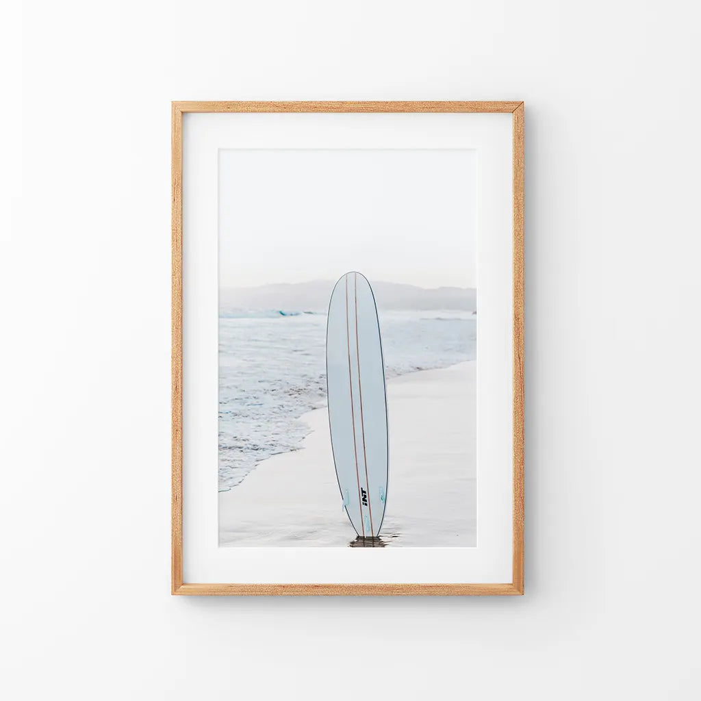 Blue surfboard on a California beach, coastal surf wall art print