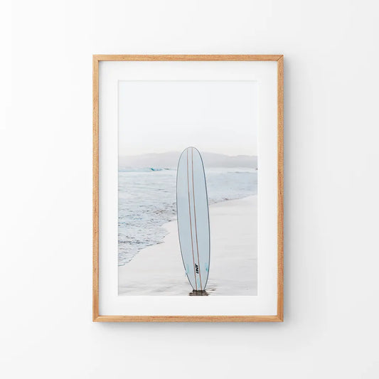 Blue surfboard on a California beach, coastal surf wall art print